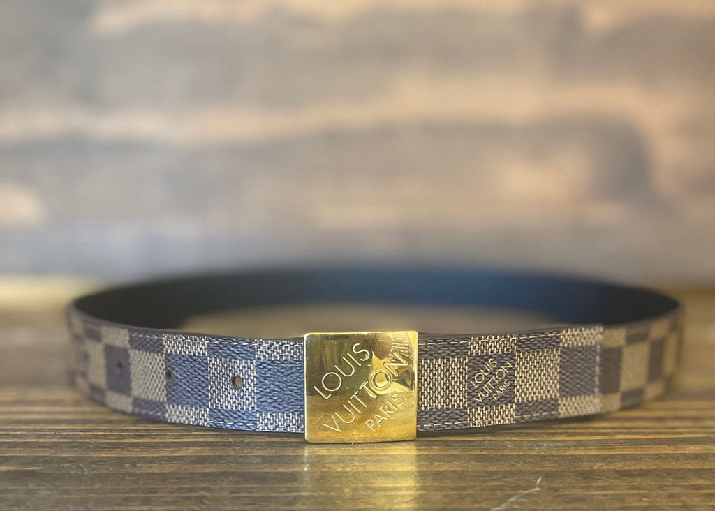 Louis Vuitton Damier Ebene Belt With Silver Block Buckle (80/32) For Sale  at 1stDibs