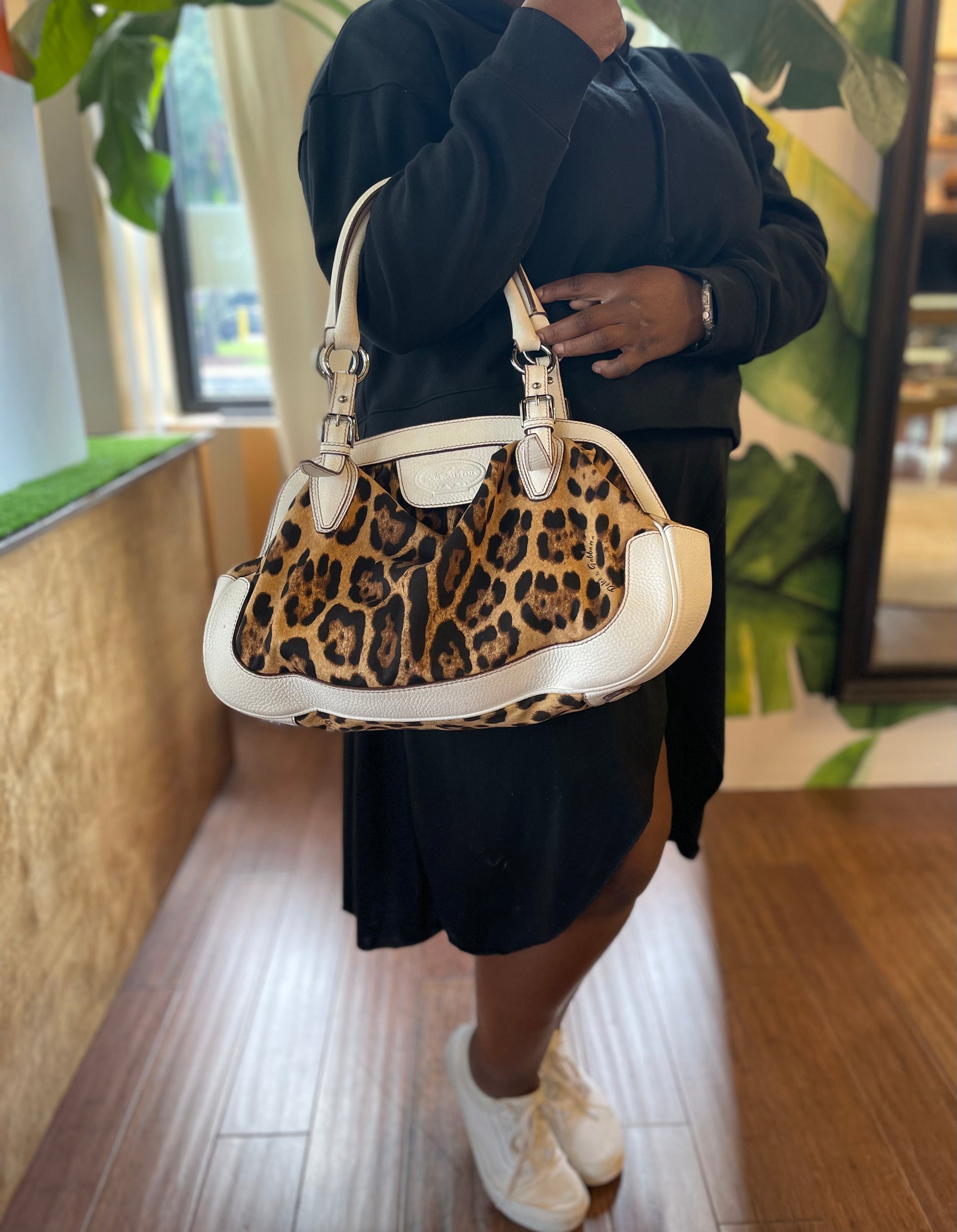 DOLCE AND GABBANA Leopard Print with White Trim Satchel