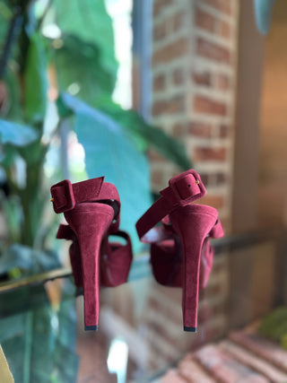 SAINT LAURENT Burgundy Suede Debbie Heels Sz 37.5