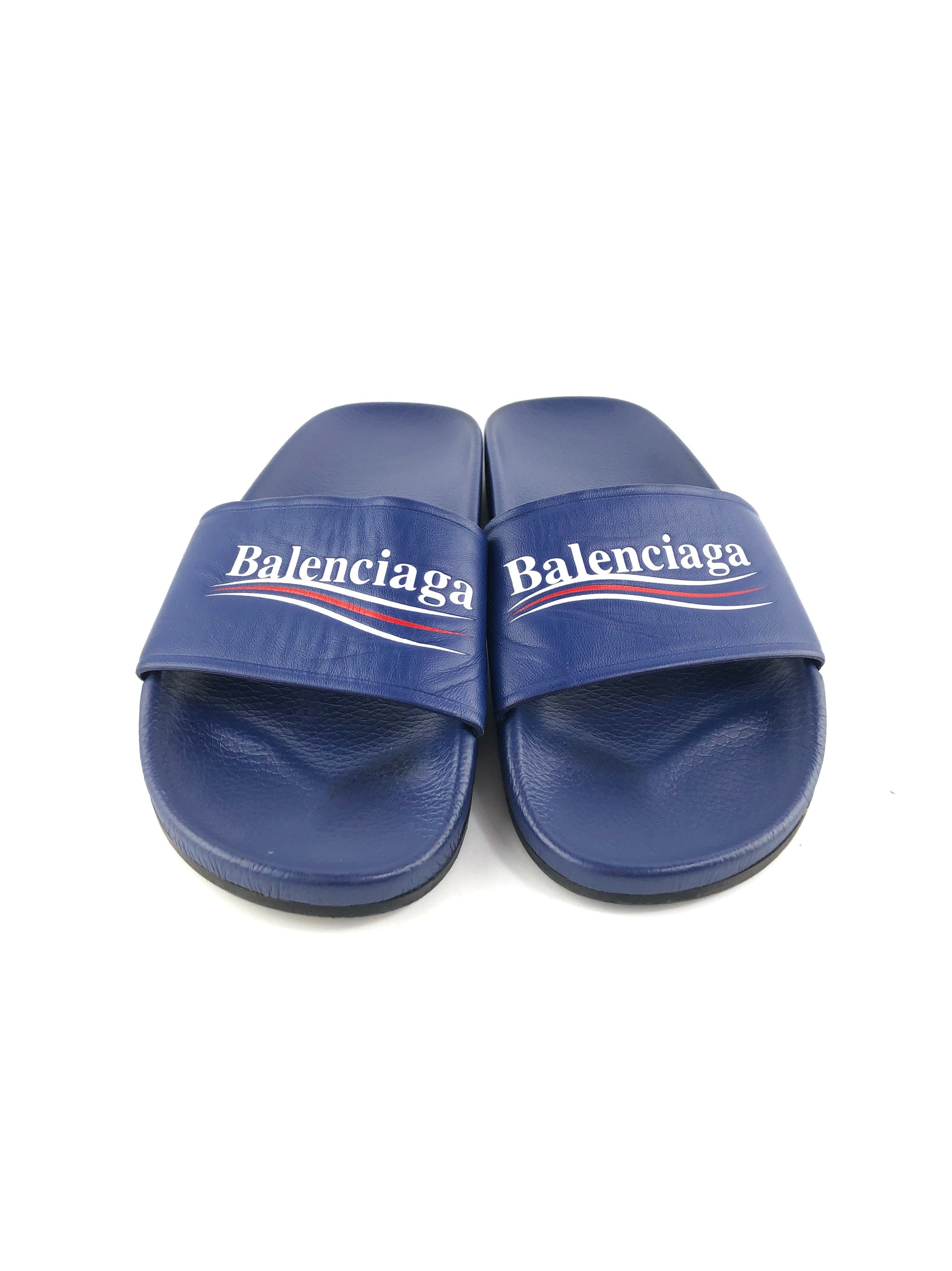 BALENCIAGA Blue Logo Campaign Pool Slides Sandals SZ39 - The Purse