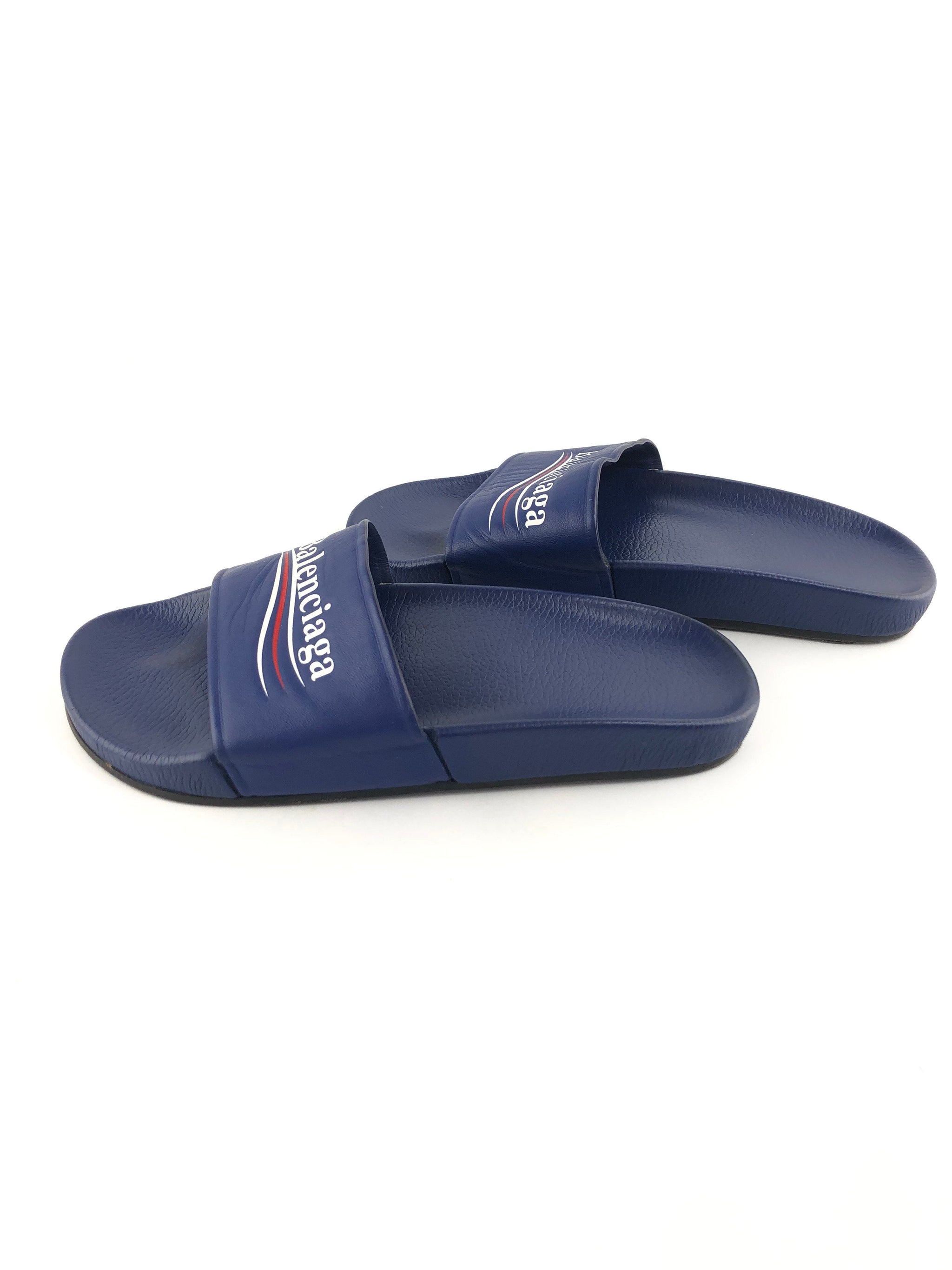 BALENCIAGA Blue Logo Campaign Pool Slides Sandals SZ39 - The Purse