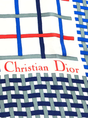 CHRISTIAN Dior Vintage Red/Blue/White Woven Print 70 Square Silk Scarf