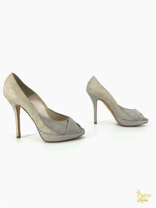 CHRISTIAN DIOR Gray Embossed Snakeskin & Suede Peep Toe Pumps SZ 37