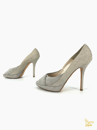 CHRISTIAN DIOR Gray Embossed Snakeskin & Suede Peep Toe Pumps SZ 37