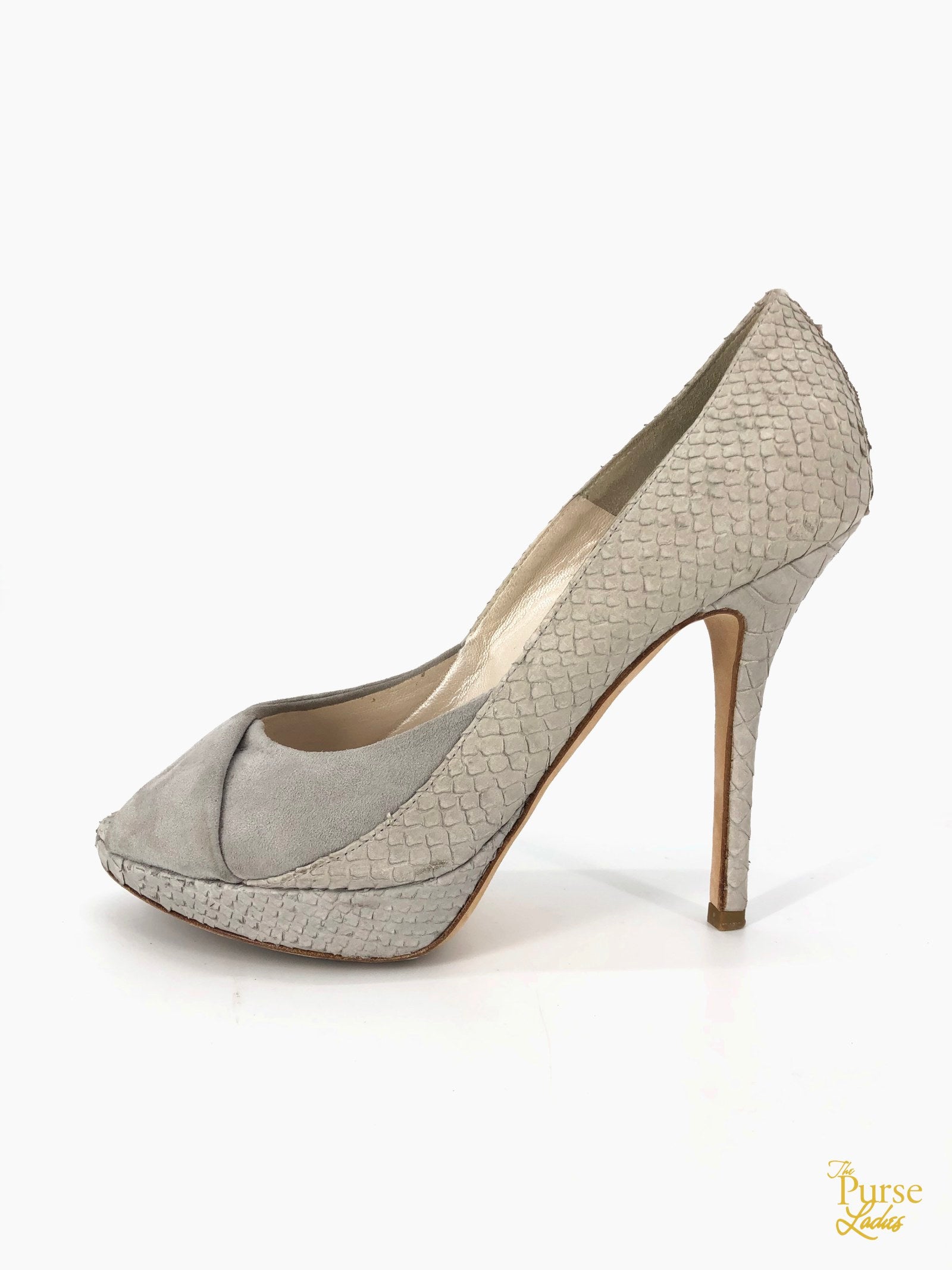 Prada - Beige & Grey Snakeskin Sandal Heels Sz 7 – Current Boutique