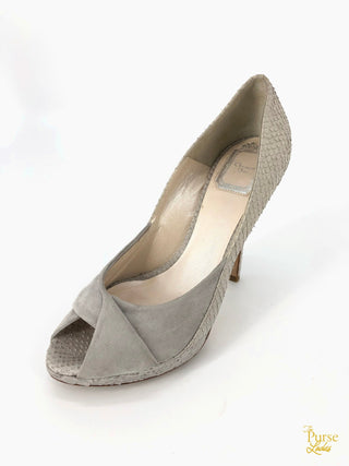 CHRISTIAN DIOR Gray Embossed Snakeskin & Suede Peep Toe Pumps SZ 37