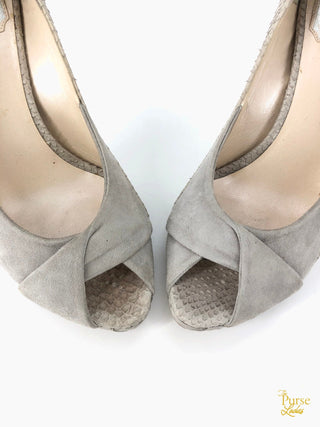 CHRISTIAN DIOR Gray Embossed Snakeskin & Suede Peep Toe Pumps SZ 37