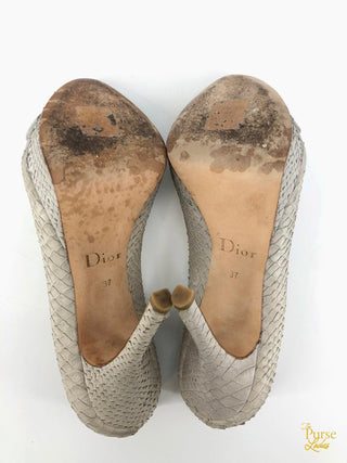 CHRISTIAN DIOR Gray Embossed Snakeskin & Suede Peep Toe Pumps SZ 37