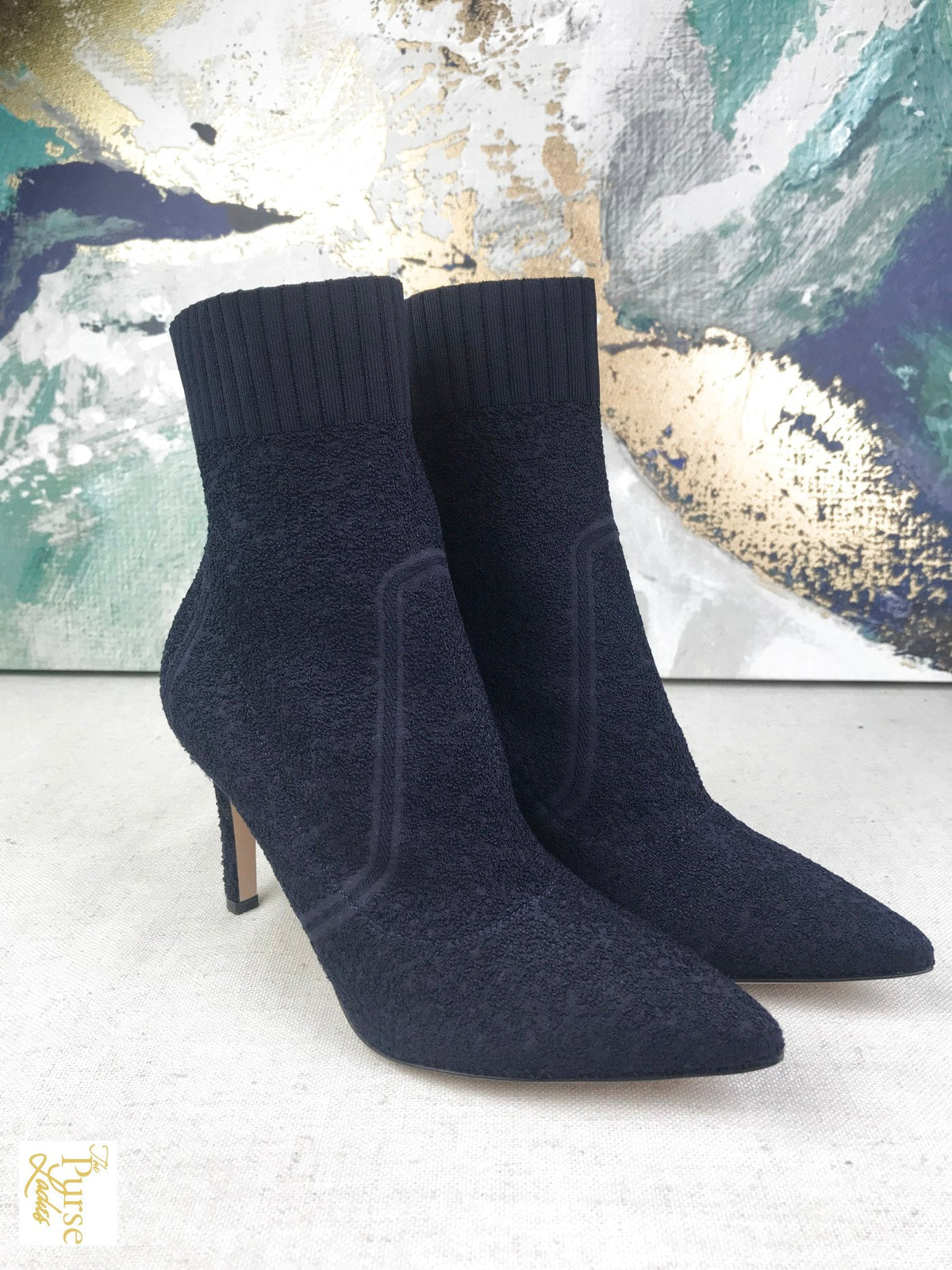 GIANVITO ROSSI Blue Boucle Katie Knitted Sock Booties