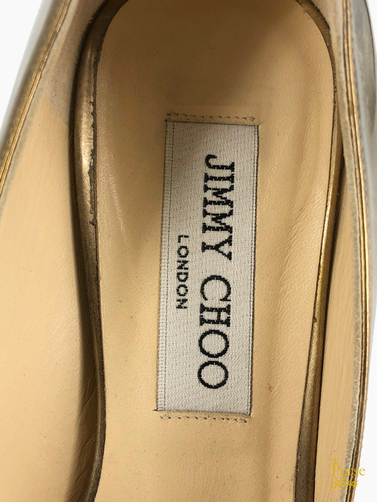 JIMMY CHOO Gold Metallic Leather Crown Peep Toe Pumps SZ 36.5