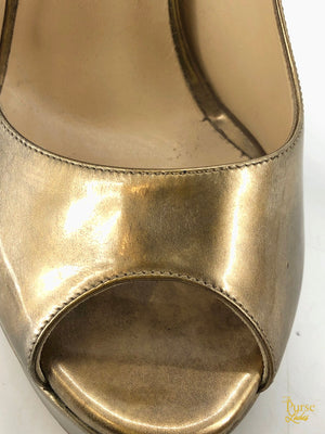JIMMY CHOO Gold Metallic Leather Crown Peep Toe Pumps SZ 36.5