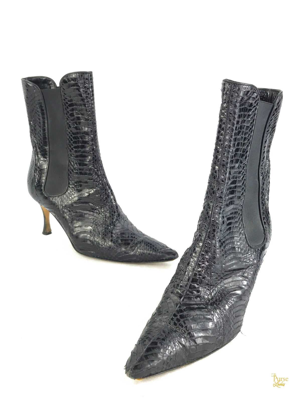 MANOLO BLAHNIK Black Snakeskin Ankle Boots