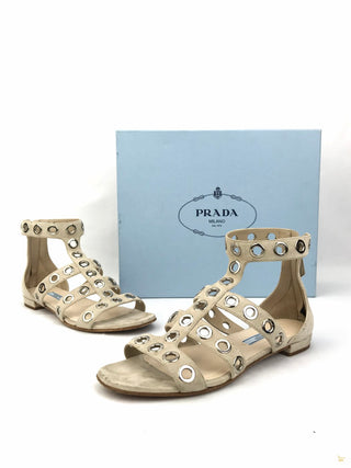 PRADA Beige Suede Rivet Stud Caged Sandals