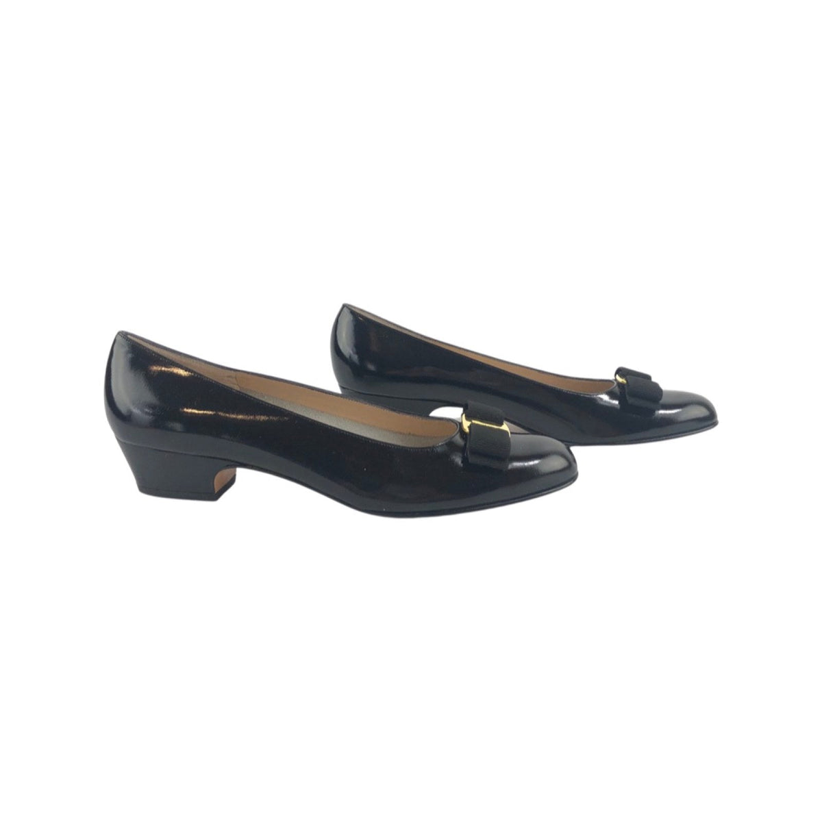 SALVATORE FERRAGAMO Black Patent Leather Vara Bow Pump Shoes SZ39.5