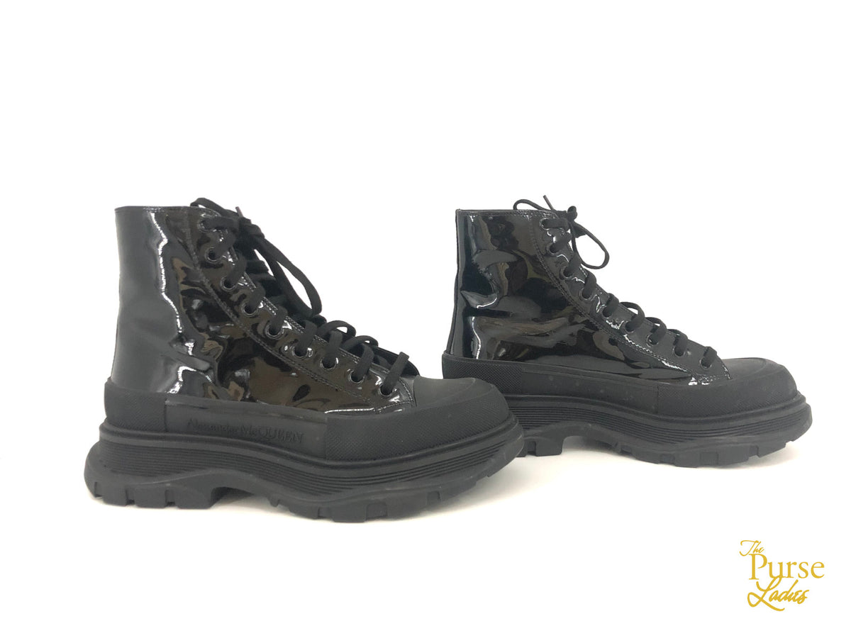 ALEXANDER MCQUEEN Black Patent Leather Wander Men&#39;s Combat Boots SZ 42