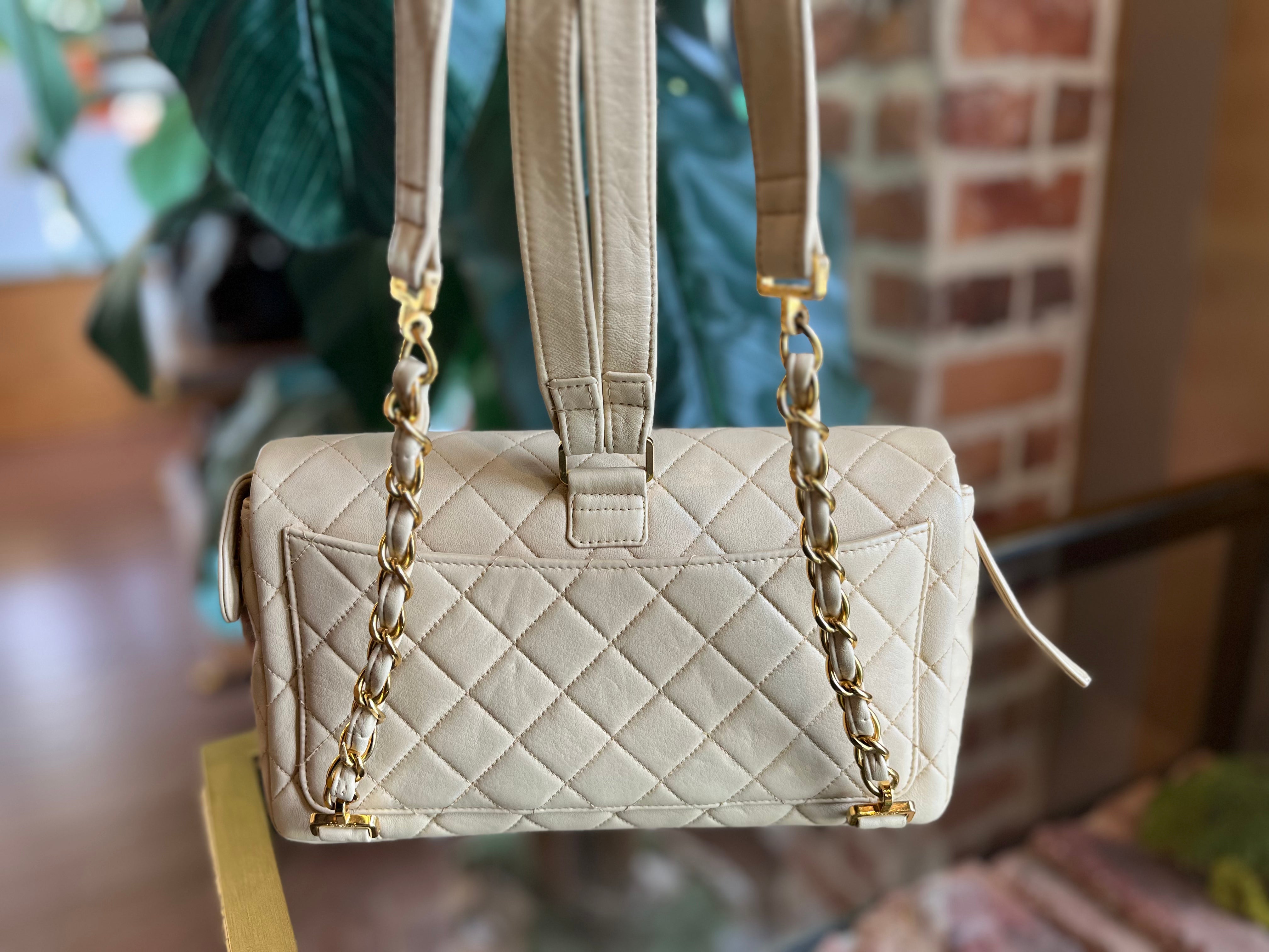 Chanel Beige Leather Gunmetal Chain Quilted Classic Flap Shoulder Bag