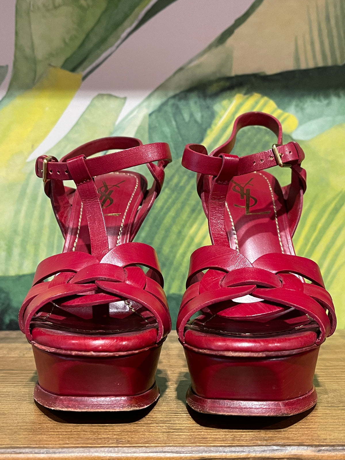 YVES SAINT LAURENT Red Leather Tribute Sandals/Heels SZ 37.5