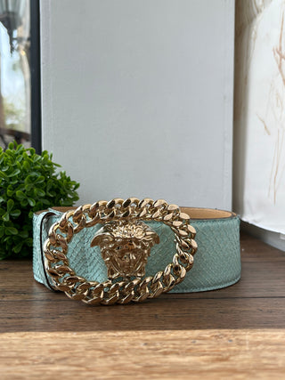 VERSACE Light Blue Python Wide Waist Belt