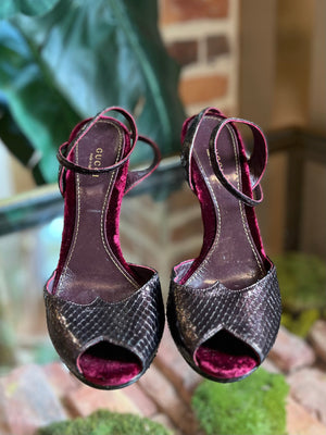 GUCCI Purple Python Leather Ankle Strap Platform Sandals Heels