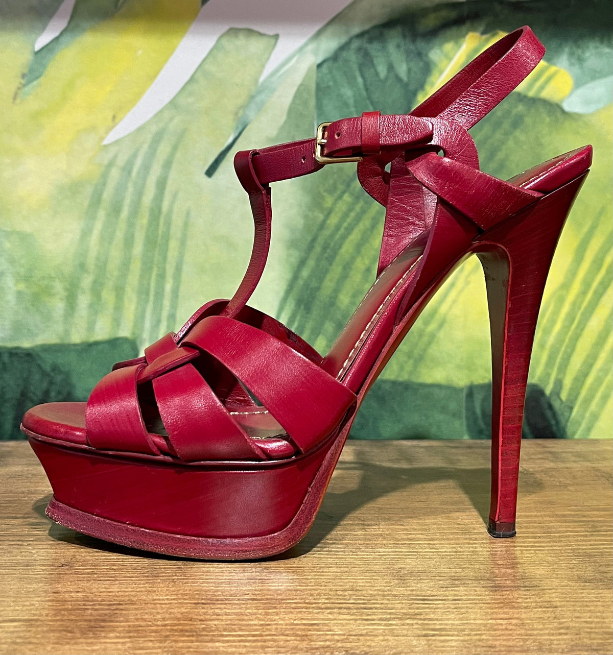 YVES SAINT LAURENT Red Leather Tribute Sandals/Heels SZ 37.5