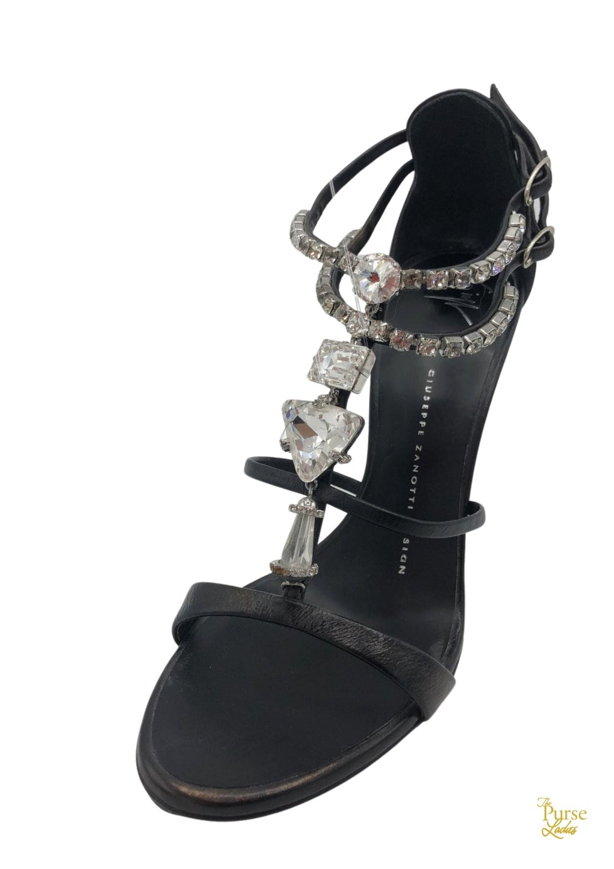 GIUSEPPE ZANOTTI Black Leather Crystal Sandals SZ 36