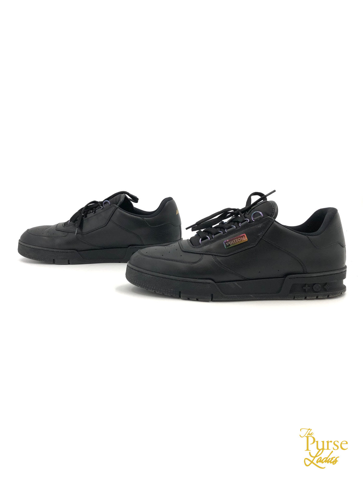 Lv trainer leather low trainers Louis Vuitton Black size 9.5 UK in Leather  - 32039934