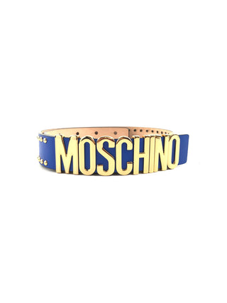 MOSCHINO Blue Leather Studded Logo Belt