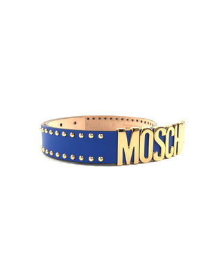 MOSCHINO Blue Leather Studded Logo Belt